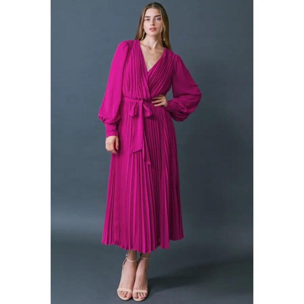 Fuschia Elegant, Pleated, V-Neck Dress with Belt